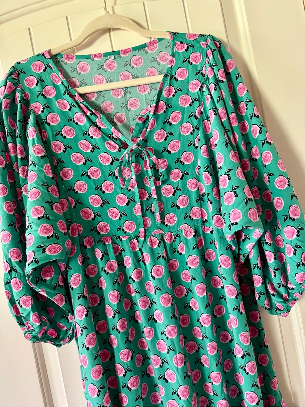 Green Floral Maxi Dress with Pink Rose Print XXL